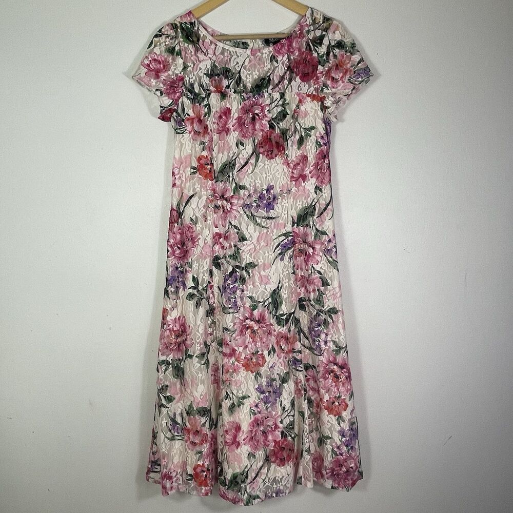 SLNY Fit and Flare Dress Floral Lace Midi Tulle 10 Cottagecore Prairie Fairy
